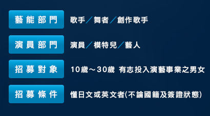 藝能部門 歌手/舞者/創作歌手
演員部門 演員/模特兒/藝人
招募對象10歲～30歲 有志投入演藝事業之男女
招募條件 懂日文或英文者(不論國籍及簽證狀態)